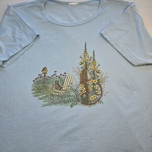 Vtg 90s Grandmacore Blue T-Shirt XL Cat Birdhouse Garden Cottagecore Nature